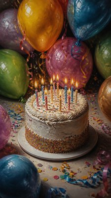 a birthday cake with lit candles surrounded by balloons and confetti, festive vertical composition, no text