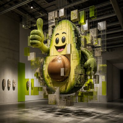 a happy avocado character giving a thumbs up, bold readable design on a plain background, no text