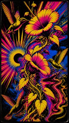 a climbing vine of flowers and hummingbirds on a dark background, tall wrapping composition, no text