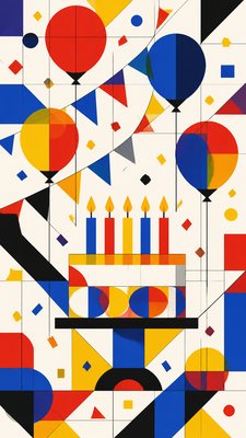 a birthday cake with lit candles surrounded by balloons and confetti, festive vertical composition, no text