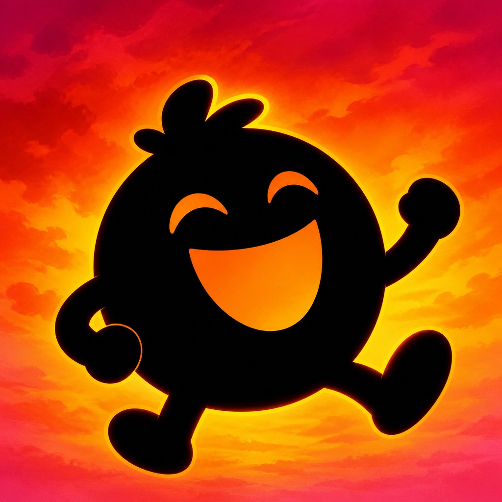 an exaggerated laughing face of an original round mascot character, bold and readable at small size, plain background, no text