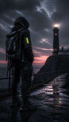 a lone lighthouse on a cliff at dusk under a dramatic sky, no text or lettering