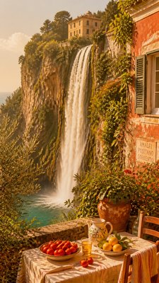 towering waterfall cascading down a cliff