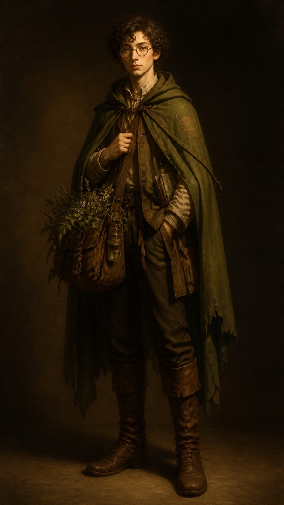 full-body original character: a wandering botanist with a satchel of plants, a patched green cloak, tall boots and round glasses, neutral background