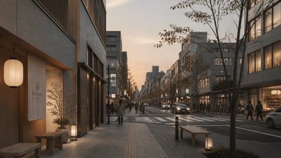 bustling city street panorama at dusk
