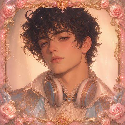 head-and-shoulders portrait of an original character: a young man with curly dark hair and headphones around his neck, plain backdrop, no text