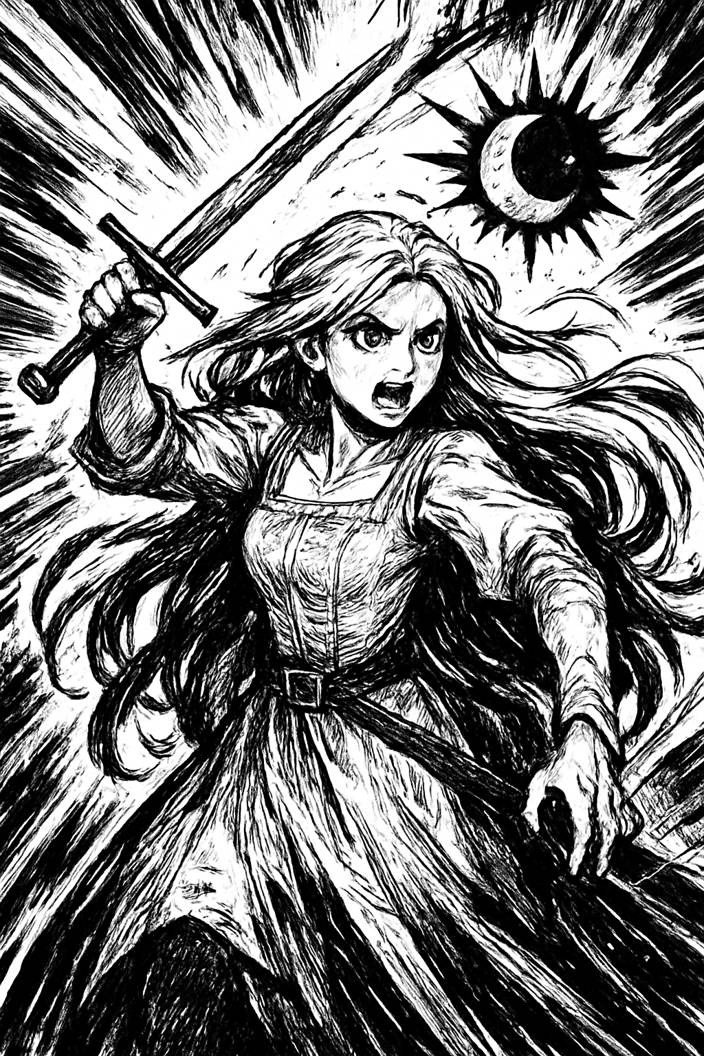 a drawing of a woman holding a sword