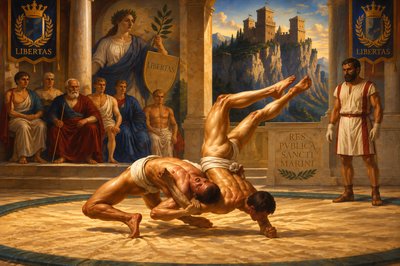 a painting of a man doing a handstand in front of a group of