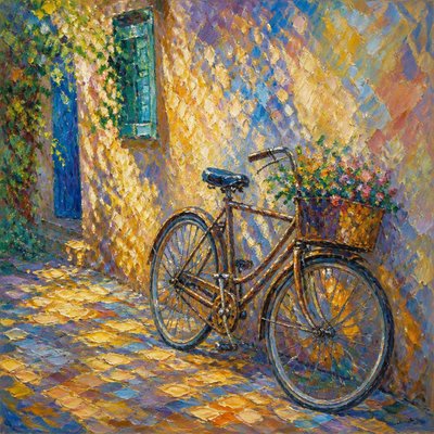 bicyle resting against a wall — Impressionist Landscape Art Style