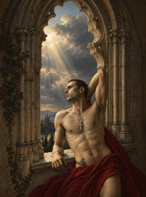a painting of a man with a cross on his chest