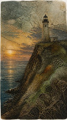 a lone lighthouse on a cliff at dusk under a dramatic sky, no text or lettering