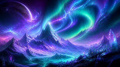 a flowing aurora over snowy peaks, wide sweeping composition, no people, no text