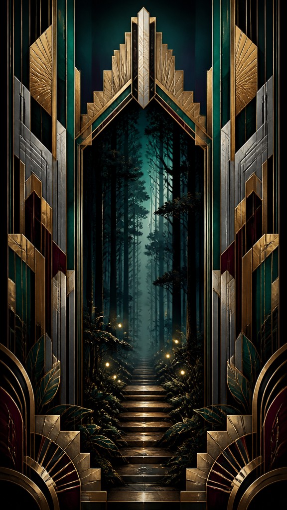 a mysterious forest path with fireflies and drifting mist, atmospheric vertical composition with open space at the top, no text