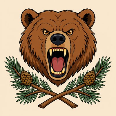 a roaring bear head above crossed pine branches, bold graphic composition on a plain background, no text