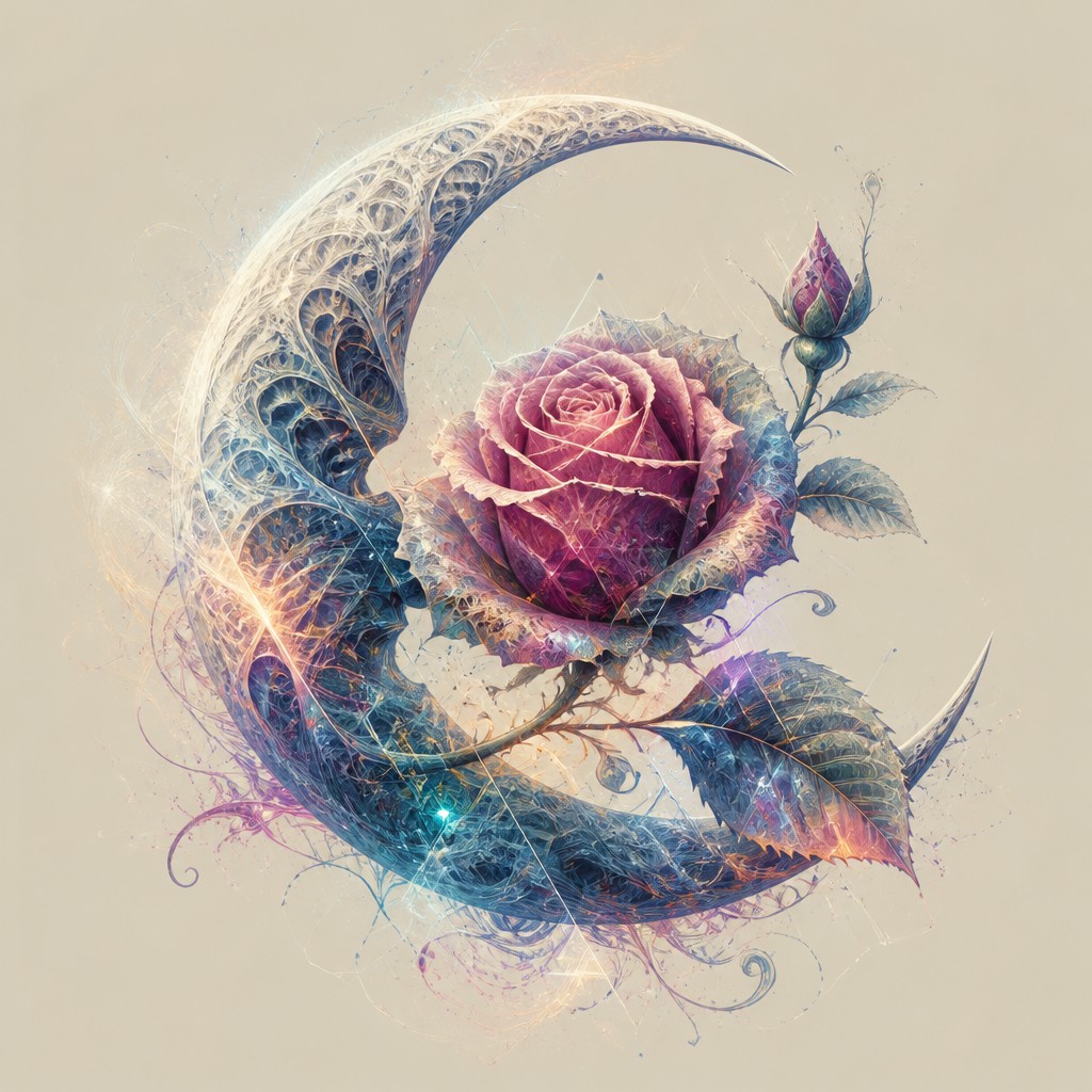 a rose entwined with a crescent moon, clean balanced composition on a plain background, no text