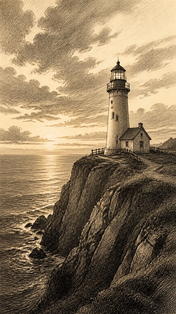 a lone lighthouse on a cliff at dusk under a dramatic sky, no text or lettering