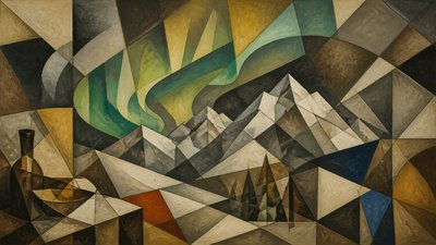 a flowing aurora over snowy peaks, wide sweeping composition, no people, no text