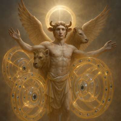 ezekiel 1:1-28 create the angel described in these verses give the wheels eyes and make sure the animal heads are in the right place