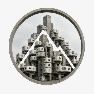 an emblem of a mountain peak inside a circle, simple bold shapes on a plain background, no text or lettering
