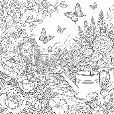 a garden scene with butterflies, flowers and a watering can, clean uncolored line art, no text