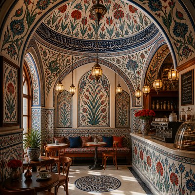 cozy cafe interior with warm lighting