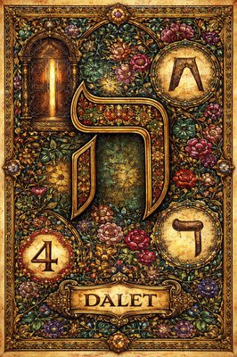 A picture of the Hebrew letter Dalet with the picture of a door, the paleo pictograph, and the modern Hebrew Dalet symbol (ד), the number 4 and the name of the letter "Dalet" . With no other number or letter symbols included