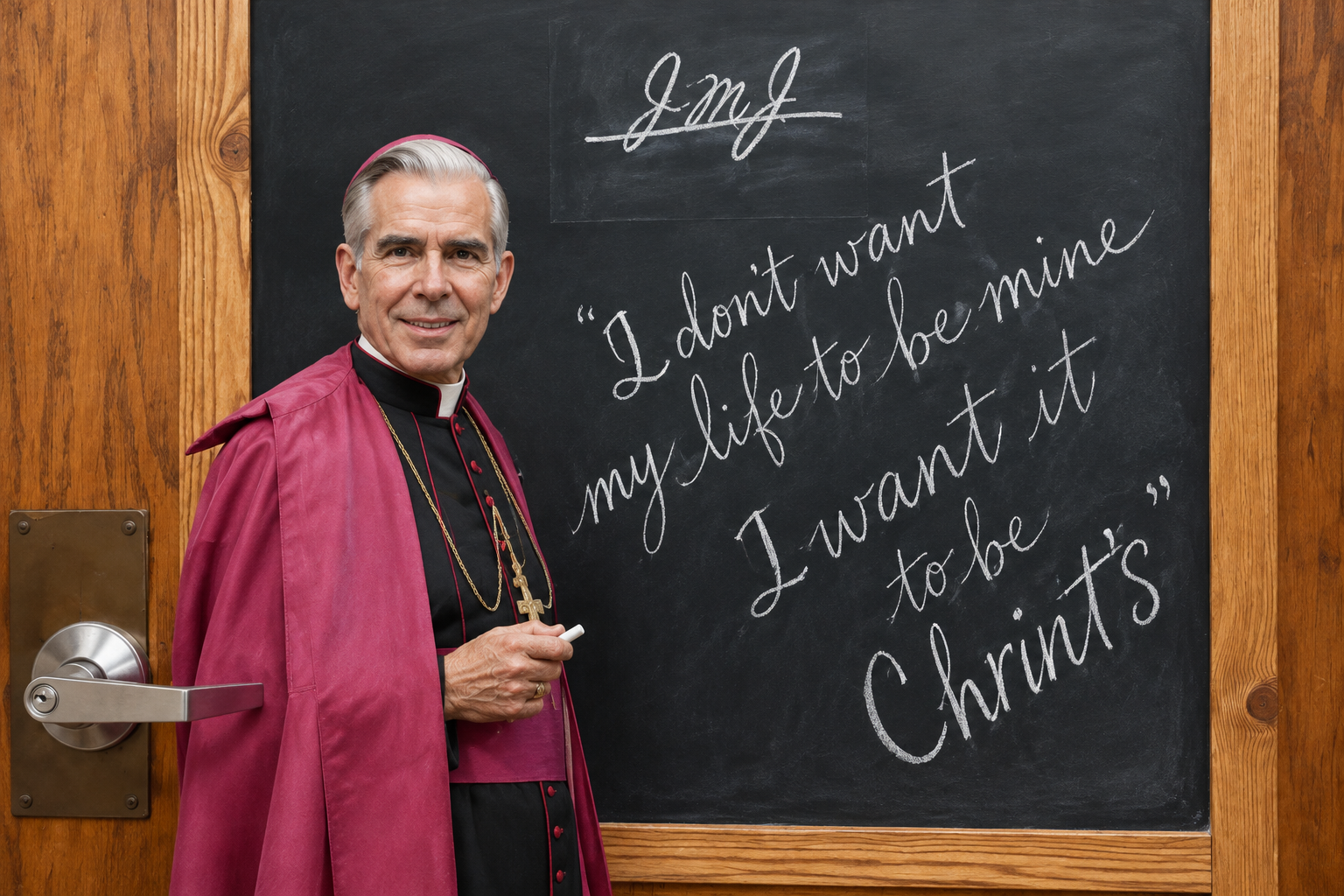 a priest standing in front of a blackboard
