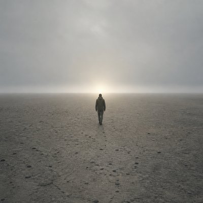 a solitary figure walking toward a glowing horizon across an empty plain, moody atmosphere, no text or lettering