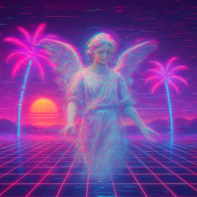 Surreal vaporwave landscape at sunset, marble angel emerging from checkered grid floor, neon palm trees glowing pink and teal, VHS glitch effects, retro 90s aesthetic, dreamy nostalgic atmosphere, high detail