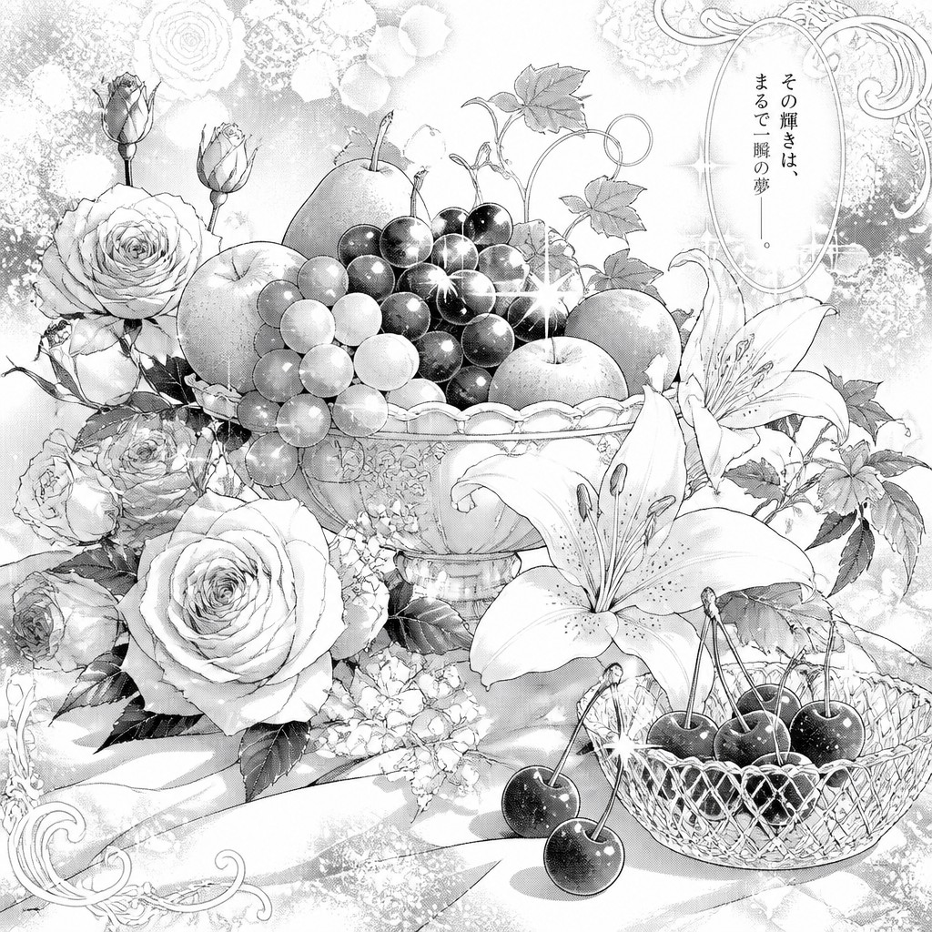 still life arrangement of fruits and flowers