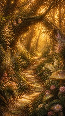 a winding forest path in golden autumn light, no people