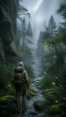 a mysterious forest path with fireflies and drifting mist, atmospheric vertical composition with open space at the top, no text