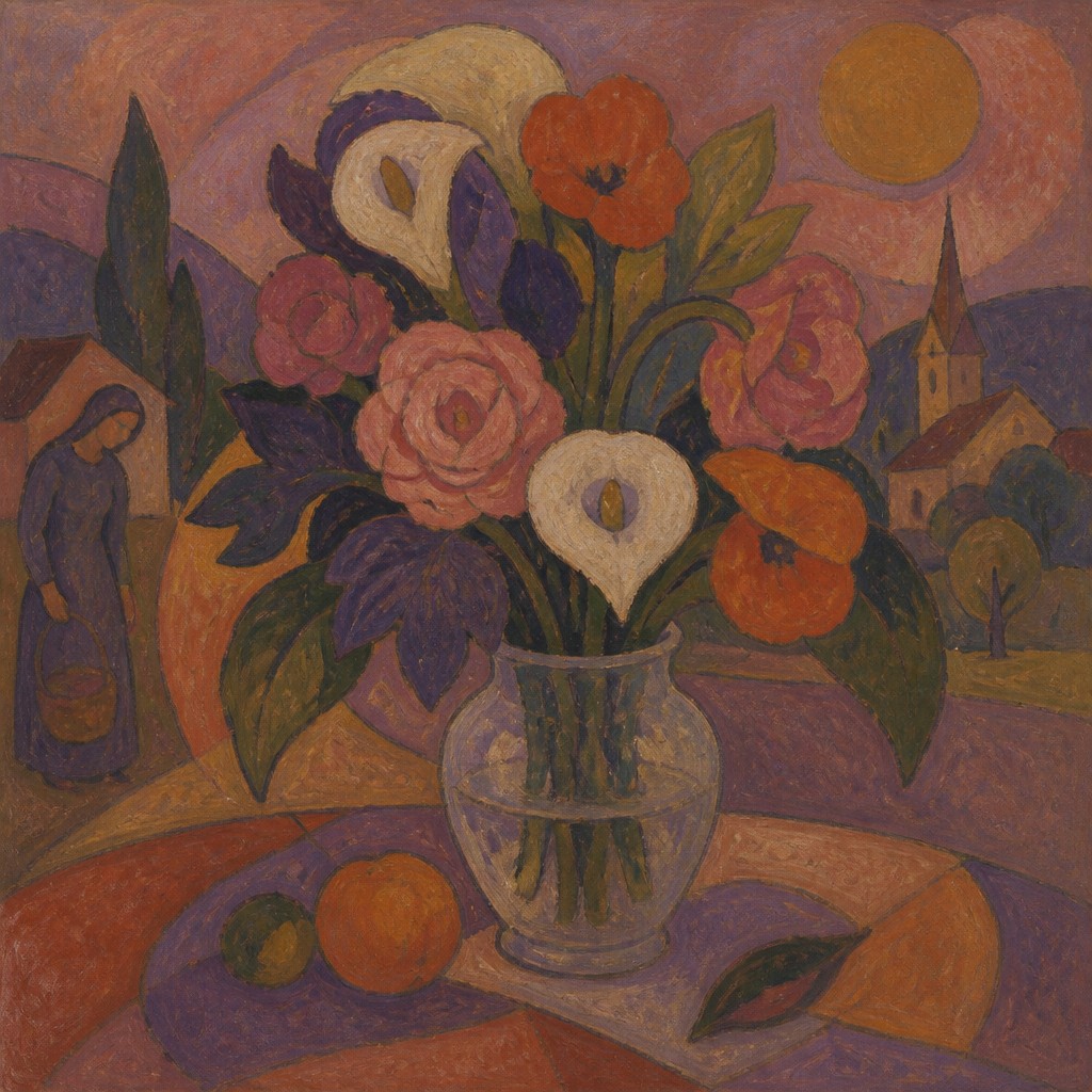 bouquet of flowers in a glass vase — Synthetism Art Style