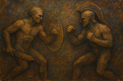 a painting of two men standing next to each other