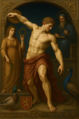 a painting of a man standing next to a woman