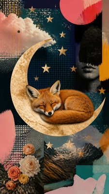 a sleeping baby fox curled on a crescent moon among soft stars, gentle and warm, no text