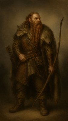 full-body original character: a dwarven ranger with a braided auburn beard, worn leather armor, a longbow and a wolf-pelt cloak, neutral background, no text