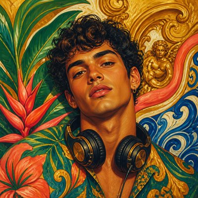 head-and-shoulders portrait of an original character: a young man with curly dark hair and headphones around his neck, plain backdrop, no text