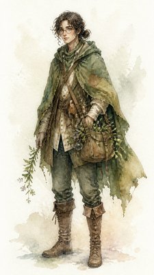 full-body original character: a wandering botanist with a satchel of plants, a patched green cloak, tall boots and round glasses, neutral background