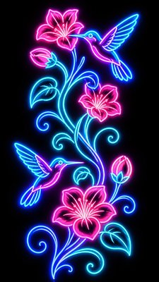 a climbing vine of flowers and hummingbirds on a dark background, tall wrapping composition, no text