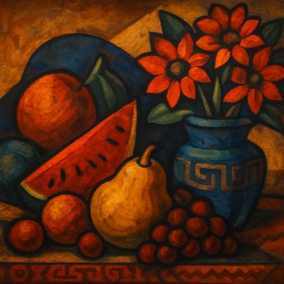 still life arrangement of fruits and flowers
