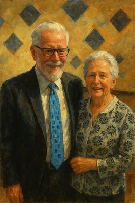 a painting of an older couple posing for a picture