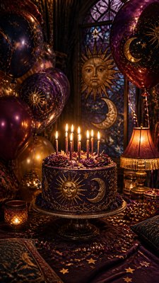a birthday cake with lit candles surrounded by balloons and confetti, festive vertical composition, no text