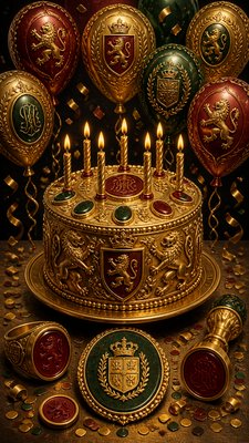a birthday cake with lit candles surrounded by balloons and confetti, festive vertical composition, no text