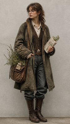 full-body original character: a wandering botanist with a satchel of plants, a patched green cloak, tall boots and round glasses, neutral background