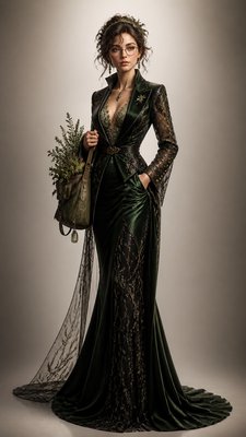 full-body original character: a wandering botanist with a satchel of plants, a patched green cloak, tall boots and round glasses, neutral background