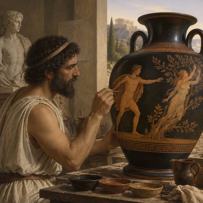 An ancient Greek vase painter depicting Apollo and Daphne