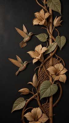 a climbing vine of flowers and hummingbirds on a dark background, tall wrapping composition, no text