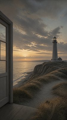 a lone lighthouse on a cliff at dusk under a dramatic sky, no text or lettering