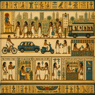urban street with city activity — Ancient Egyptian Art Style